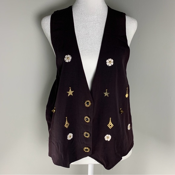 Vintage Jackets & Blazers - Vintage Brown Deep V Vest W/ Gold Charms Bells, Fits Large Women 4 Button